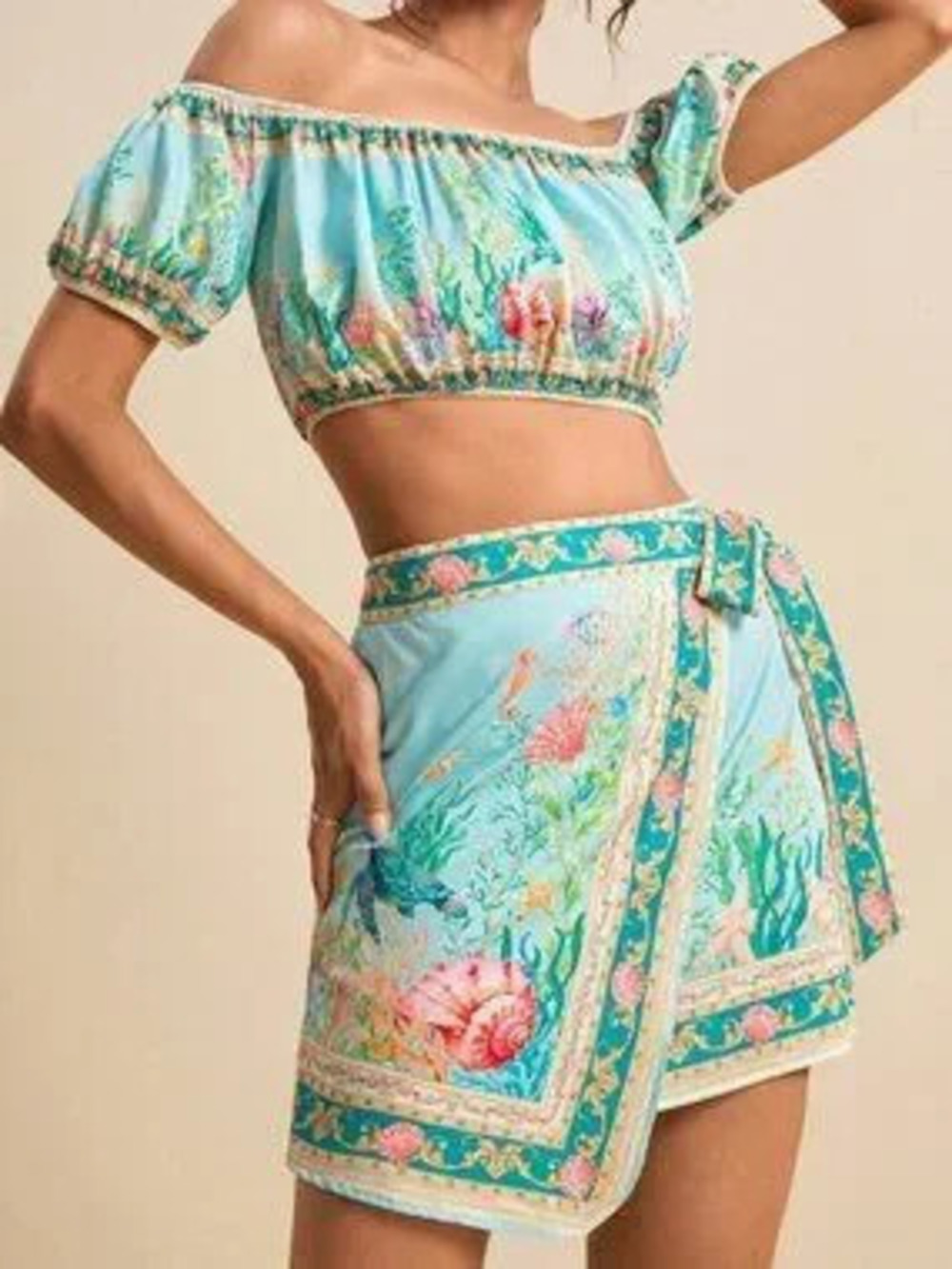 Blue Boho Women's Sea Life Print Off-Shoulder Cropped Top & Wrap Midi Skirt Set